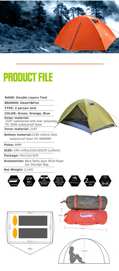 "Desert&Fox 2-Person Backpacking Tent – Double Layer, 4-Season Waterproof, Breathable, Lightweight Portable Camping Tent"