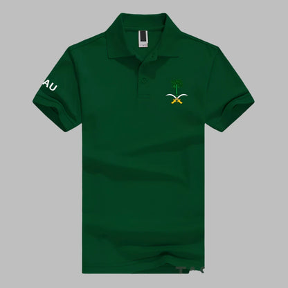 Polo Shirt – Available in various colors, Short Sleeve, Cotton, with Saudi Emblem Print for Men and Women.