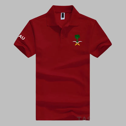 Polo Shirt – Available in various colors, Short Sleeve, Cotton, with Saudi Emblem Print for Men and Women.