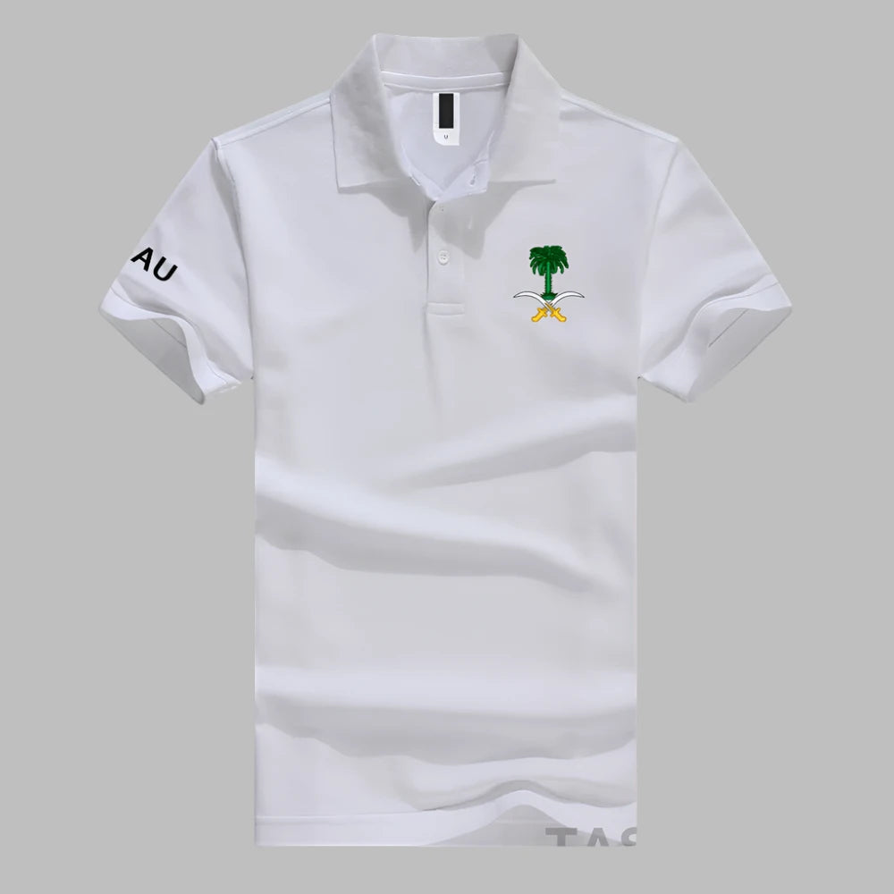 Polo Shirt – Available in various colors, Short Sleeve, Cotton, with Saudi Emblem Print for Men and Women.