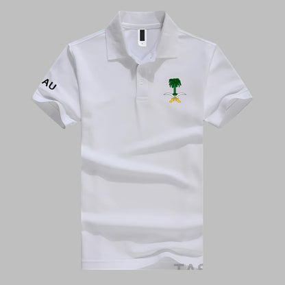 Polo Shirt – Available in various colors, Short Sleeve, Cotton, with Saudi Emblem Print for Men and Women.