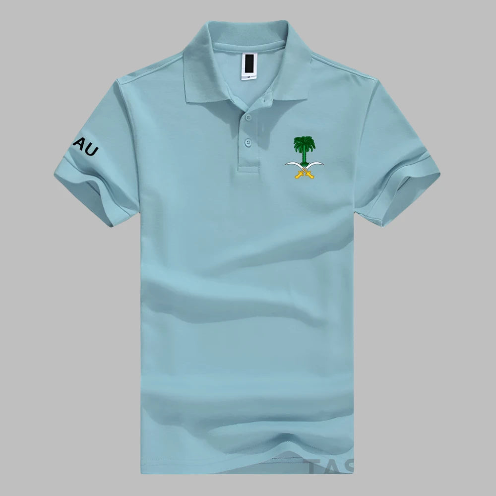 Polo Shirt – Available in various colors, Short Sleeve, Cotton, with Saudi Emblem Print for Men and Women.