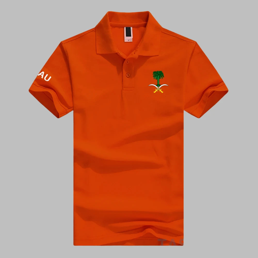 Polo Shirt – Available in various colors, Short Sleeve, Cotton, with Saudi Emblem Print for Men and Women.