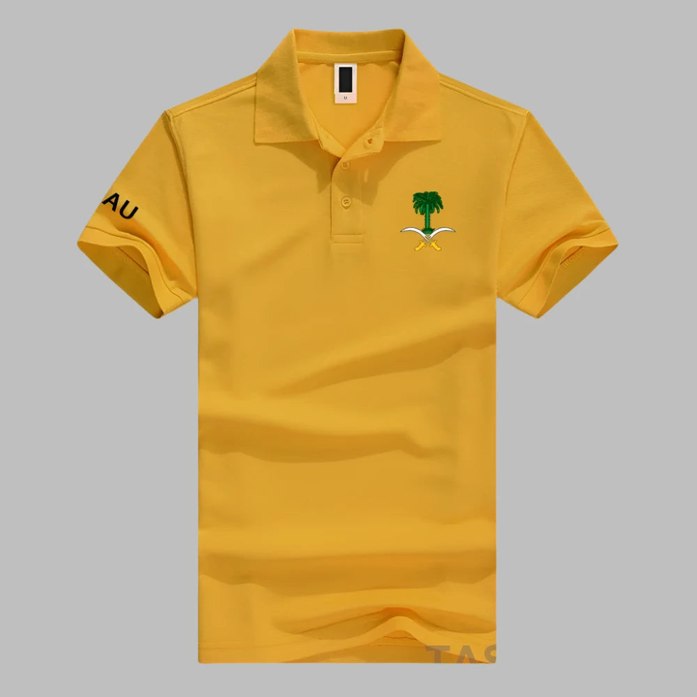 Polo Shirt – Available in various colors, Short Sleeve, Cotton, with Saudi Emblem Print for Men and Women.