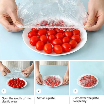 100pcs Elastic Disposable Food Covers: Plastic wrap lids for fruit bowls, cups, and kitchen storage. Fresh-keeping saver bags.