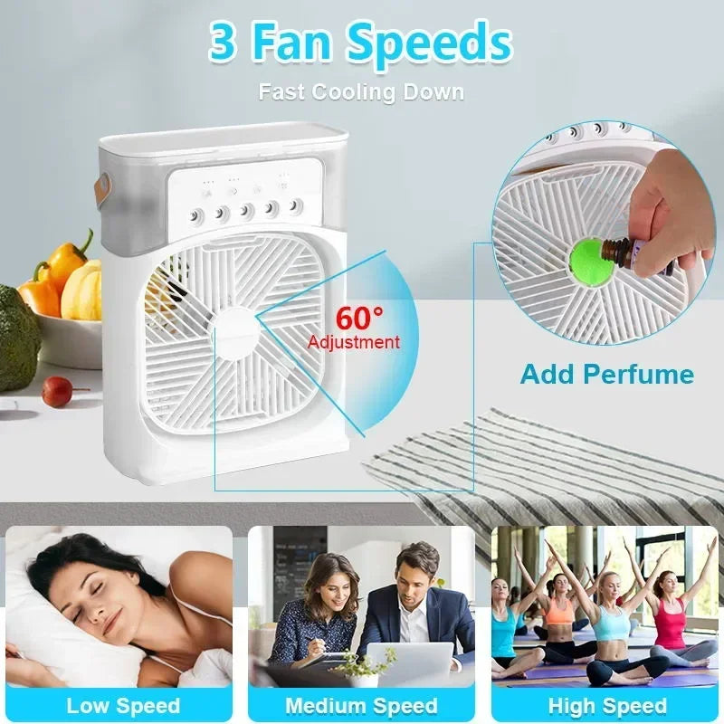 3-in-1 Portable Air Conditioner: Small Air Cooler, LED Night Light, and Humidifier. Perfect for home or office with adjustable fan and air settings.