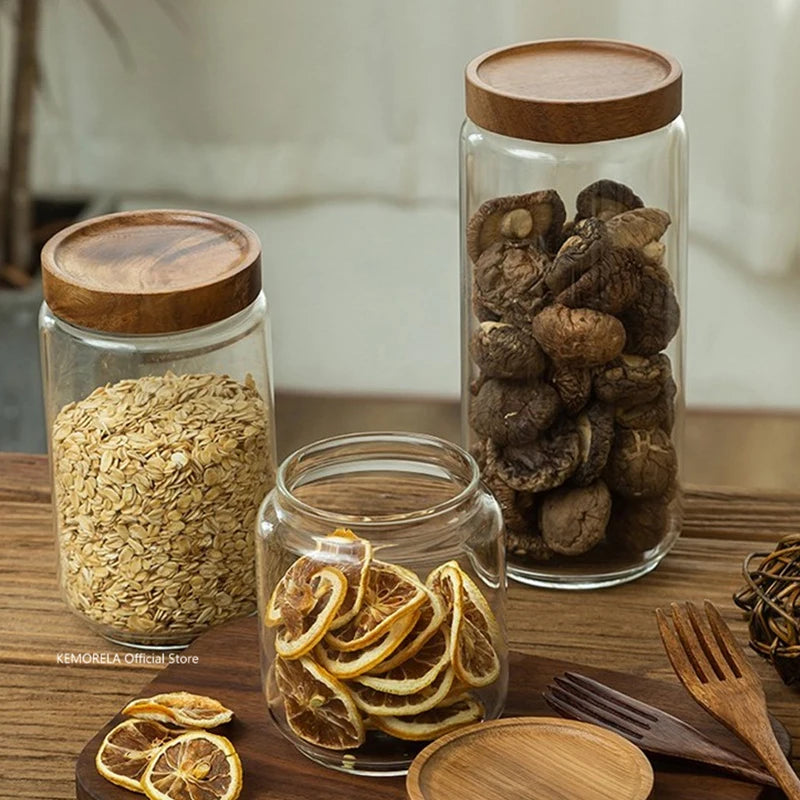 Wood Lid Glass Airtight Canister Kitchen Storage Bottles Jars Food Container Grains Tea Coffee Beans Grains Candy Jar Containers