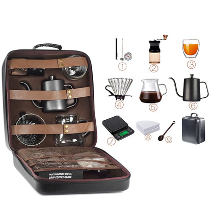 10-Piece  V60 Coffee Accessories Set with PU Bag - Includes Manual Grinder, Cups, Filter, and Outdoor Coffee ware