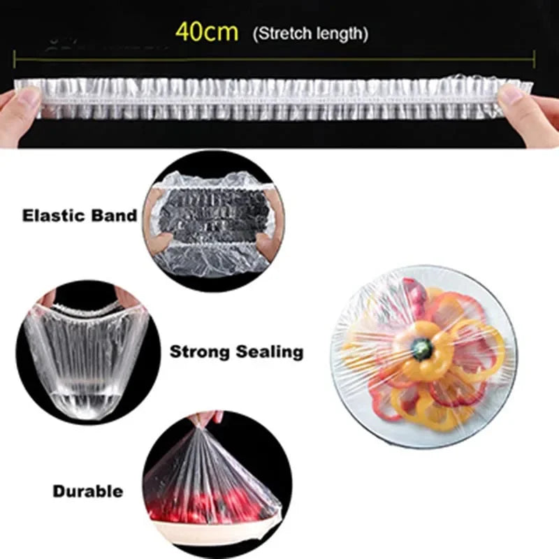 100pcs Elastic Disposable Food Covers: Plastic wrap lids for fruit bowls, cups, and kitchen storage. Fresh-keeping saver bags.