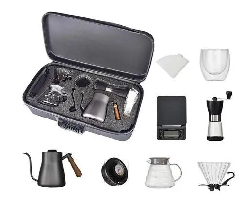 10-Piece  V60 Coffee Accessories Set with PU Bag - Includes Manual Grinder, Cups, Filter, and Outdoor Coffee ware