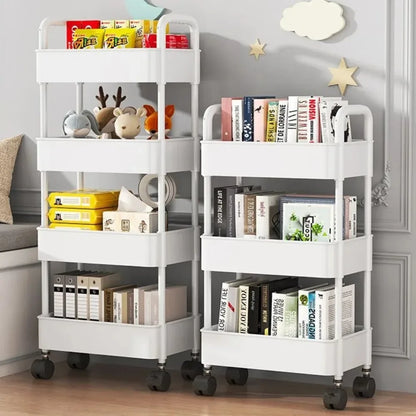 Mobile Kitchen Organizer Cart: Multi-layer bookshelf storage trolley with wheels, perfect for household snacks and bathroom shelves.