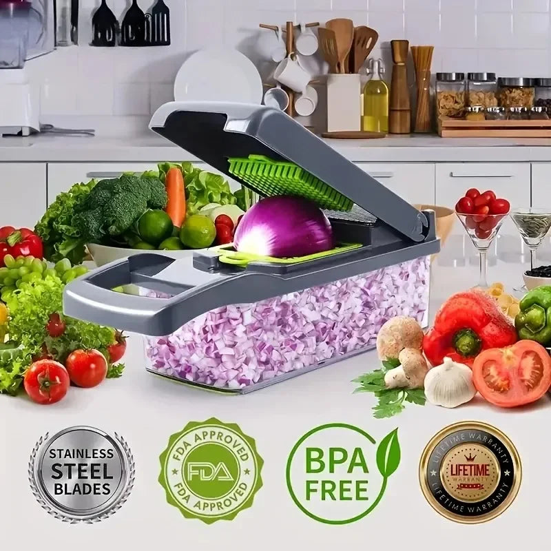 14/16-in-1 Vegetable Chopper: Multifunctional slicer, dicer, and grater for efficient kitchen prep.