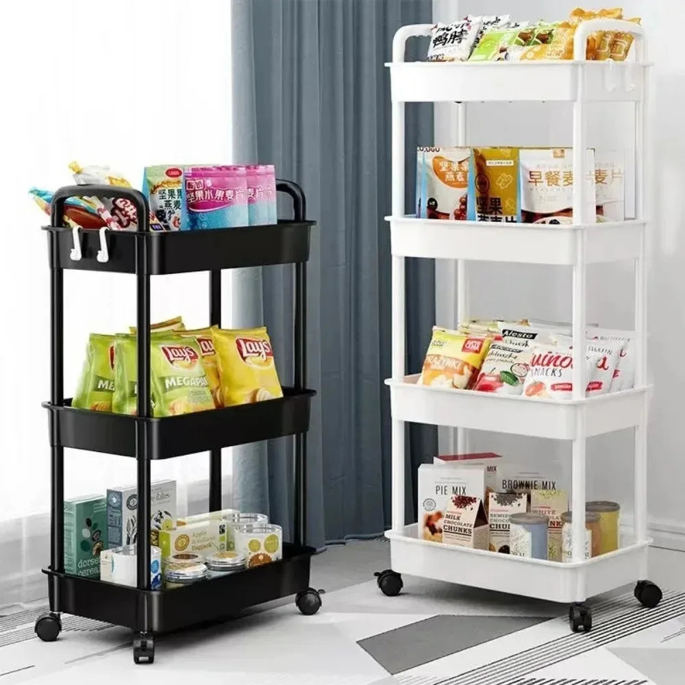 Mobile Kitchen Organizer Cart: Multi-layer bookshelf storage trolley with wheels, perfect for household snacks and bathroom shelves.