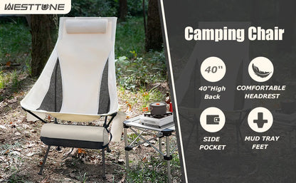 WESTTUNE Portable Folding Camping Chair with Headrest - Lightweight Aluminum Alloy Tourist Chair, Fishing Chair, Outdoor Furniture