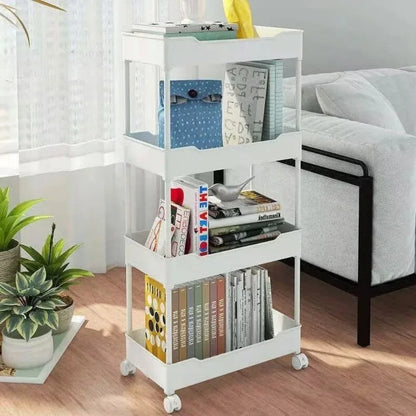 Mobile Kitchen Organizer Cart: Multi-layer bookshelf storage trolley with wheels, perfect for household snacks and bathroom shelves.