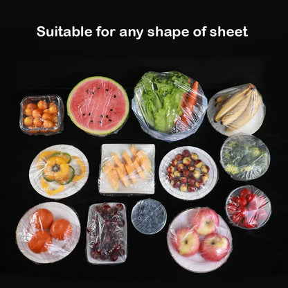 100pcs Elastic Disposable Food Covers: Plastic wrap lids for fruit bowls, cups, and kitchen storage. Fresh-keeping saver bags.