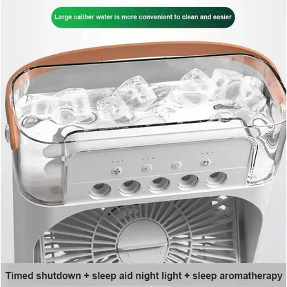 3-in-1 Portable Air Conditioner: Small Air Cooler, LED Night Light, and Humidifier. Perfect for home or office with adjustable fan and air settings.