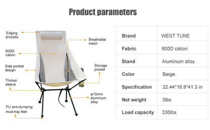 WESTTUNE Portable Folding Camping Chair with Headrest - Lightweight Aluminum Alloy Tourist Chair, Fishing Chair, Outdoor Furniture