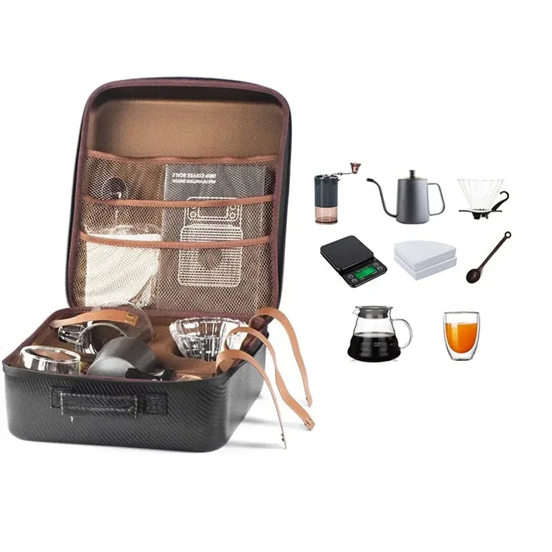 10-Piece  V60 Coffee Accessories Set with PU Bag - Includes Manual Grinder, Cups, Filter, and Outdoor Coffee ware