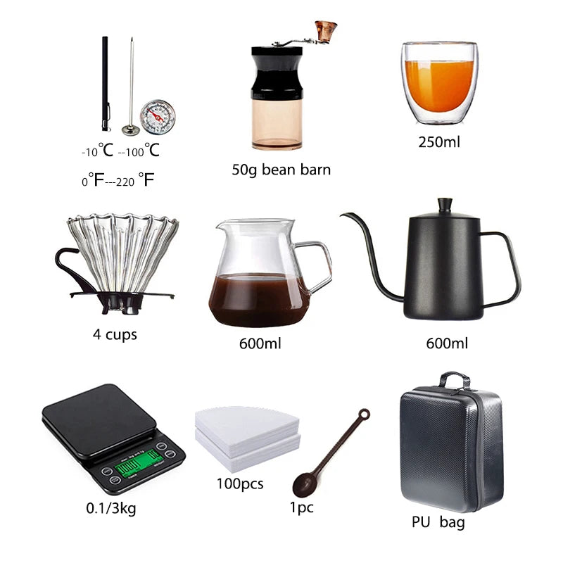 10-Piece  V60 Coffee Accessories Set with PU Bag - Includes Manual Grinder, Cups, Filter, and Outdoor Coffee ware