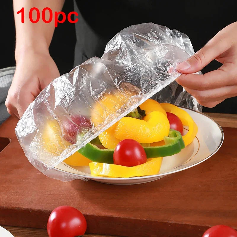 100pcs Elastic Disposable Food Covers: Plastic wrap lids for fruit bowls, cups, and kitchen storage. Fresh-keeping saver bags.