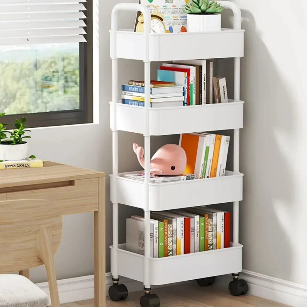 Mobile Kitchen Organizer Cart: Multi-layer bookshelf storage trolley with wheels, perfect for household snacks and bathroom shelves.