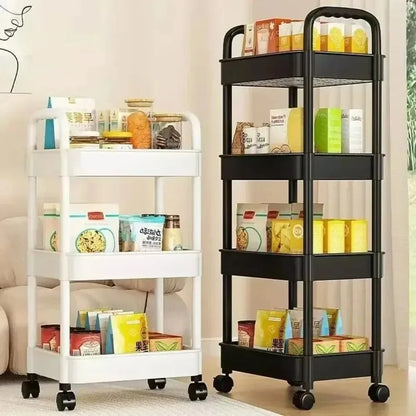 Mobile Kitchen Organizer Cart: Multi-layer bookshelf storage trolley with wheels, perfect for household snacks and bathroom shelves.