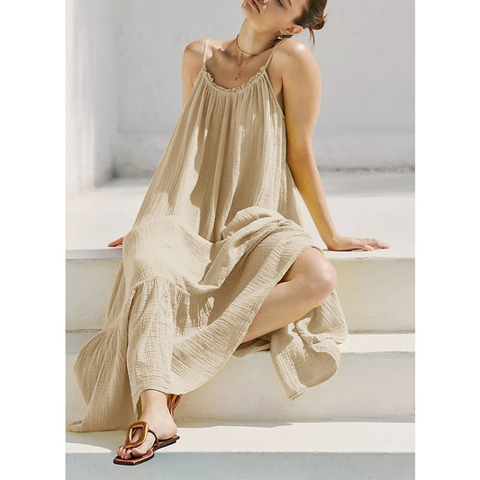 Summer Retro Texture Cotton Yarn Sling Midi Dress